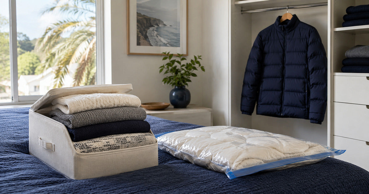 Folded winter knitwear in a breathable box beside suitable vacuum-packed bedding and an uncompressed down jacket