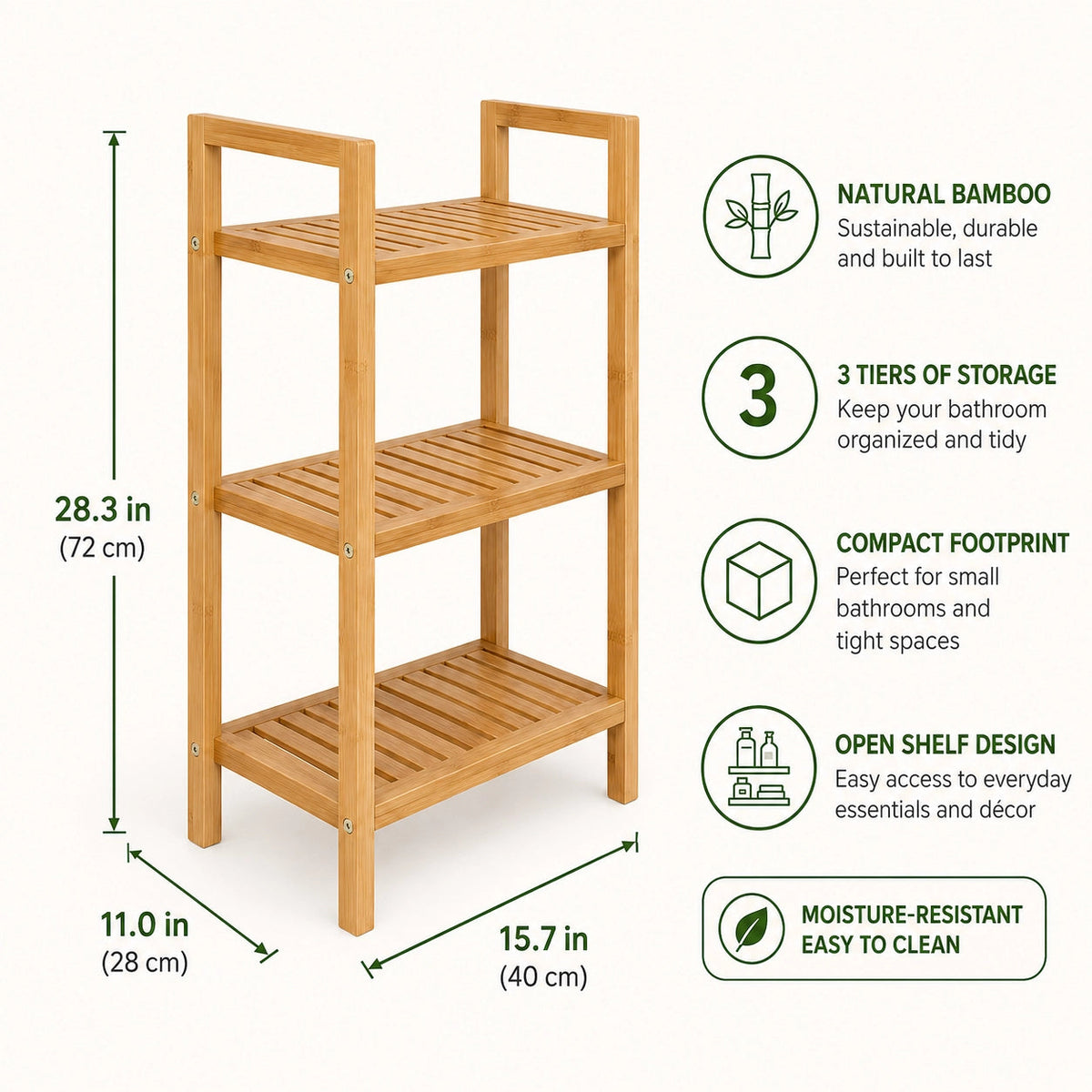 Anyorel 3-tier bamboo bathroom storage shelf in natural brown, featuring three spacious shelves for organizing toiletries and towels.