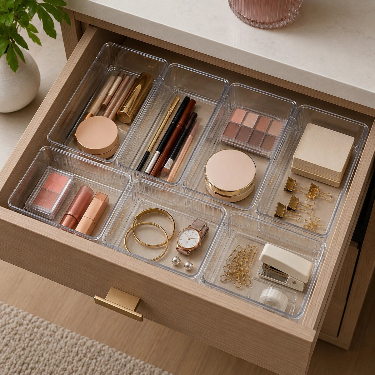 Set of six clear plastic drawer organiser trays by Anyorel for organizing jewelry, accessories, or small items in drawers.