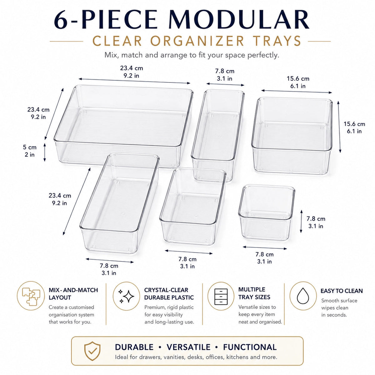 Six-piece clear plastic drawer organiser tray set by Anyorel, ideal for tidy storage and easy access to small items in drawers.