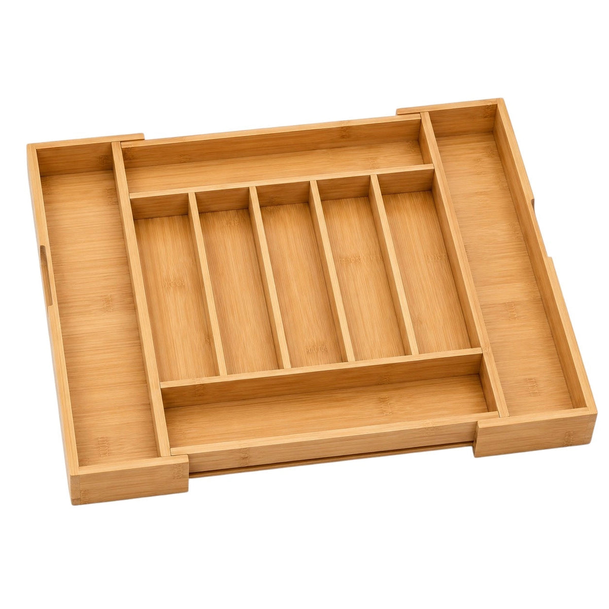 Anyorel expandable bamboo cutlery drawer organiser with multiple compartments for utensils and kitchen storage.