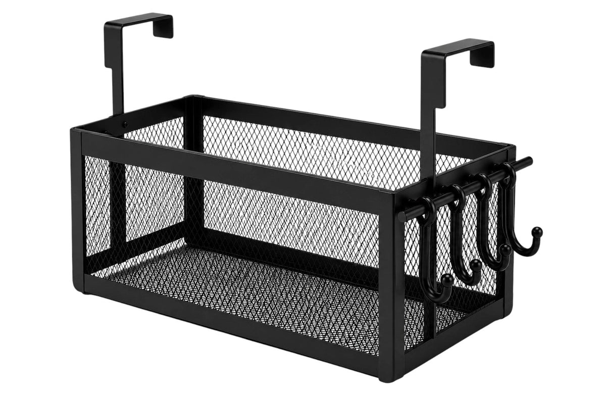 Anyorel black over-cabinet metal mesh basket with four hooks for organized kitchen storage on cabinet doors.