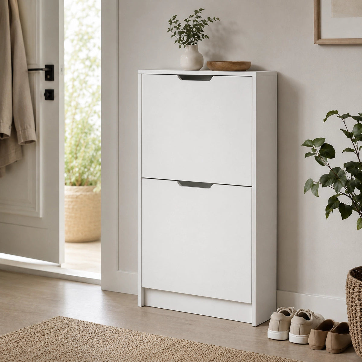 Anyorel Slim 2-Door Tilt-Out Shoe Cabinet in matte white with two doors and a compact design for organized shoe storage