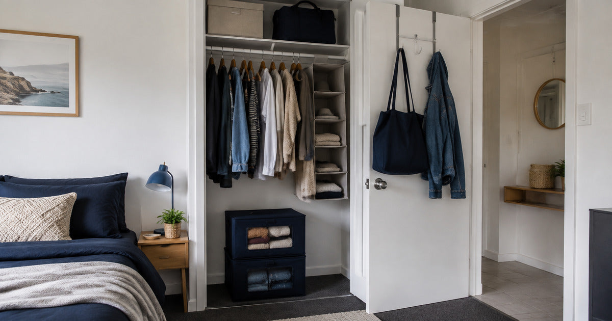 Australian rental bedroom with over-door hooks, wardrobe organisers and under-bed storage boxes