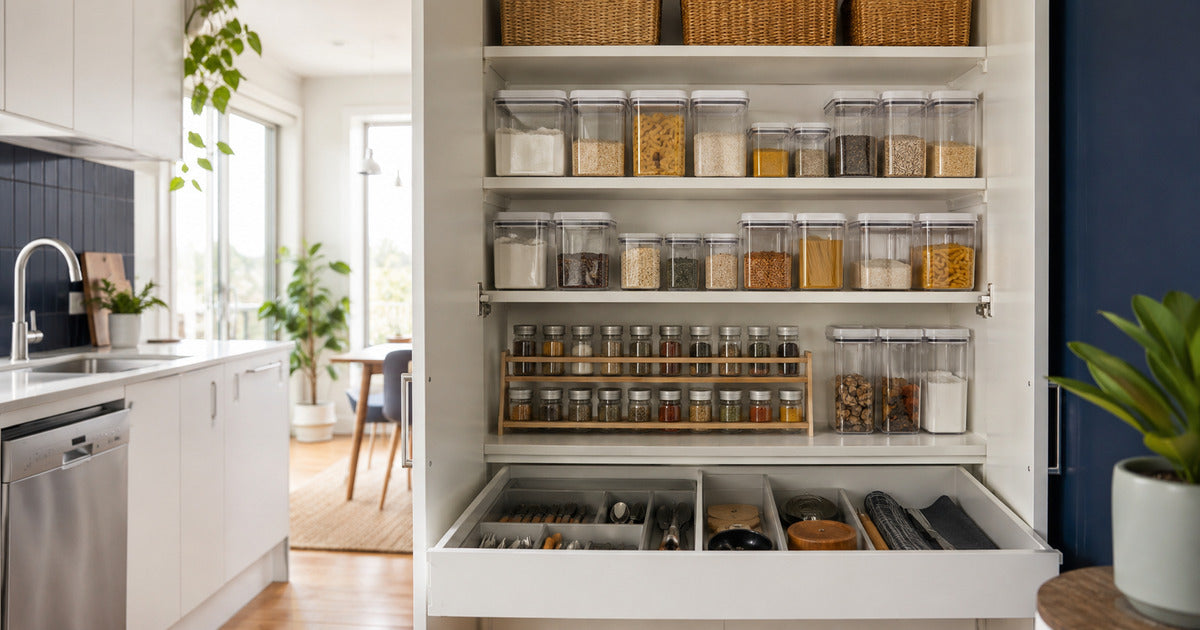 Open pantry shelves with clear containers, a tiered spice rack and an organised kitchen drawer