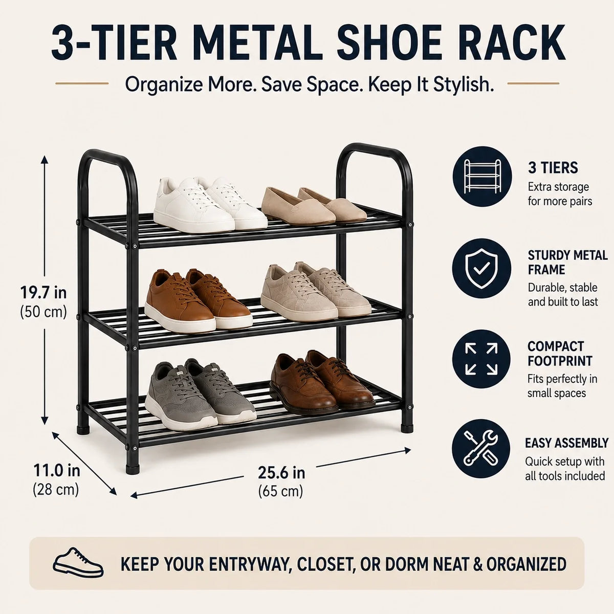 3-Tier Freestanding Metal Shoe Rack, Black, 65 x 28 x 50 cm