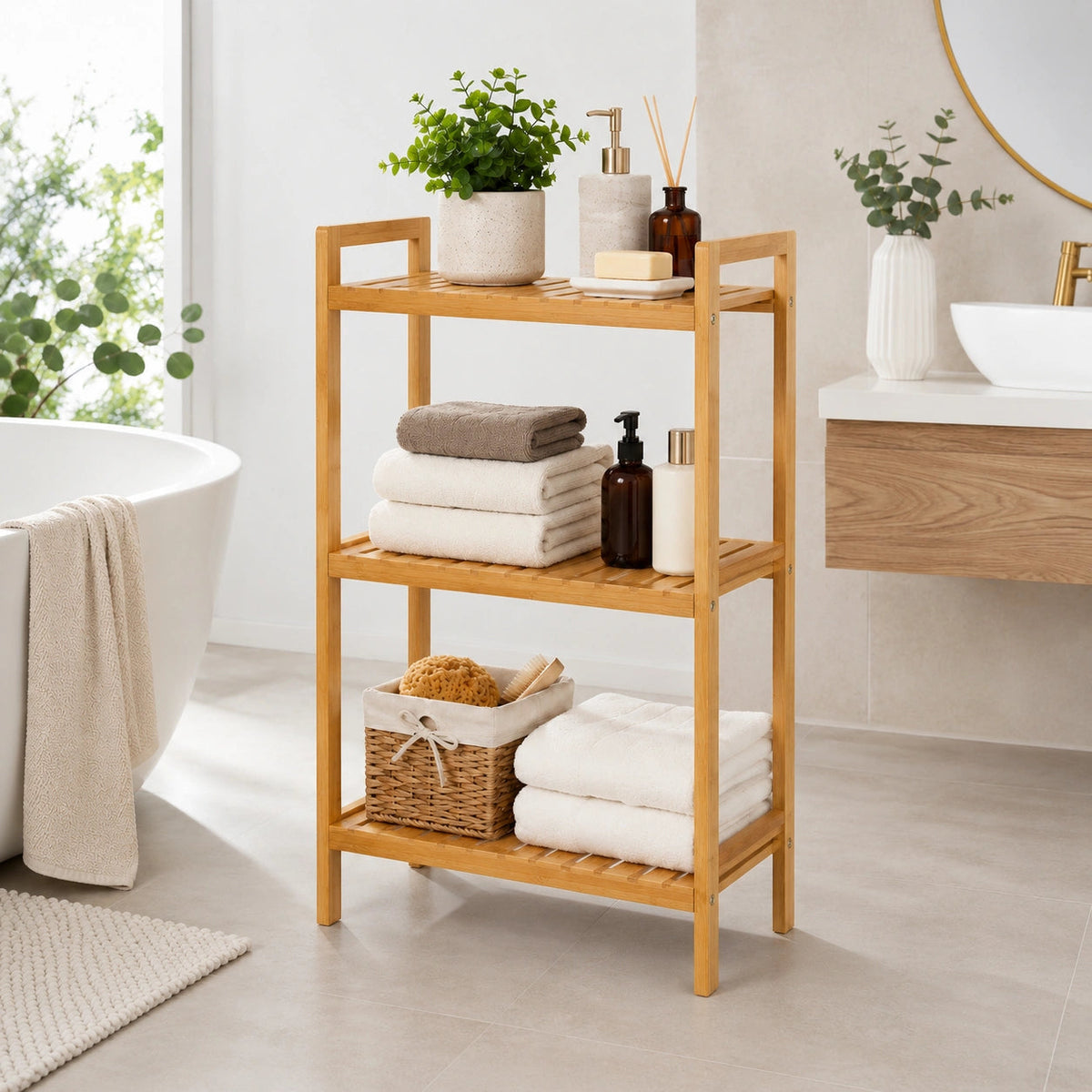 Anyorel 3-Tier Bamboo Bathroom Storage Shelf in natural brown with open shelves for organizing bathroom essentials