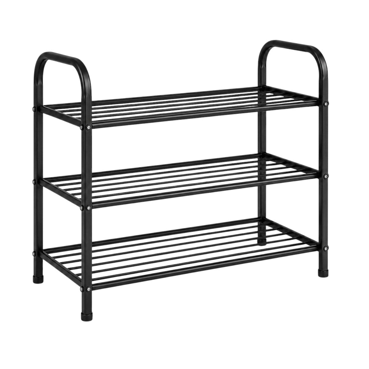 Anyorel 3-tier black metal shoe rack with three shelves for organized footwear storage, standing freestanding.