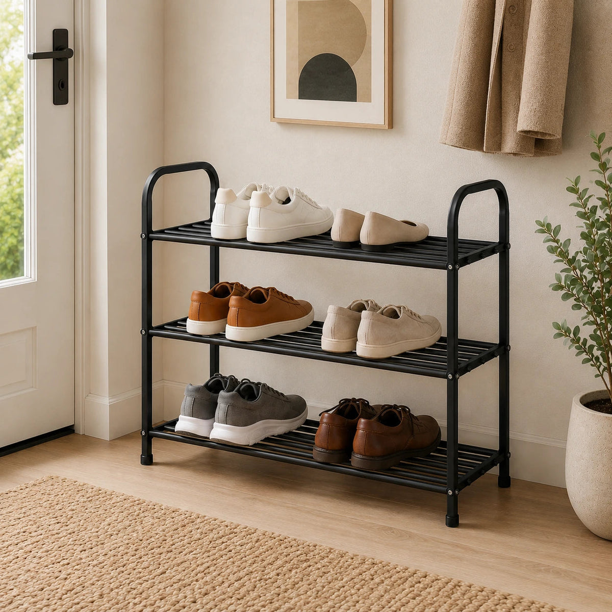 Anyorel 3-tier black metal shoe rack with three shelves, freestanding design, measuring 65cm in height, for organized footwear storage.