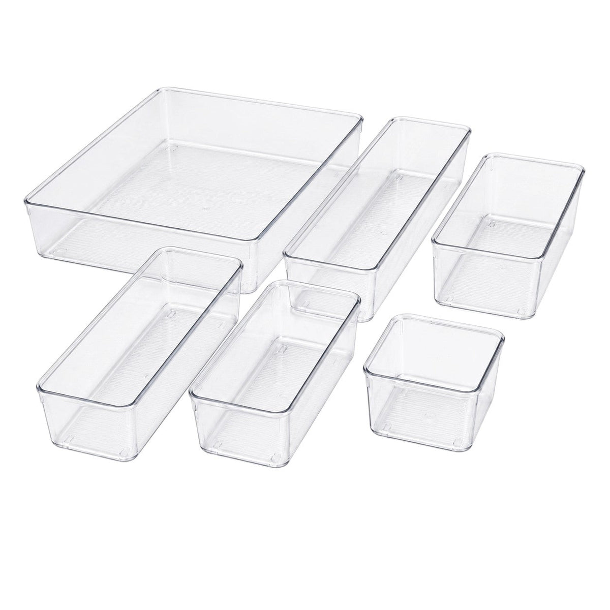 Six-piece clear plastic drawer organiser tray set by Anyorel, with compartments for storing small items and keeping drawers tidy.