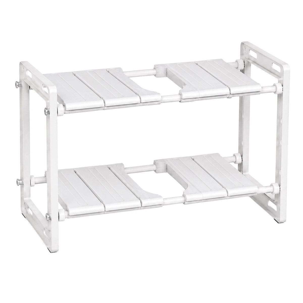 White Anyorel adjustable 2-tier under-sink organiser rack with multiple shelves for kitchen storage.