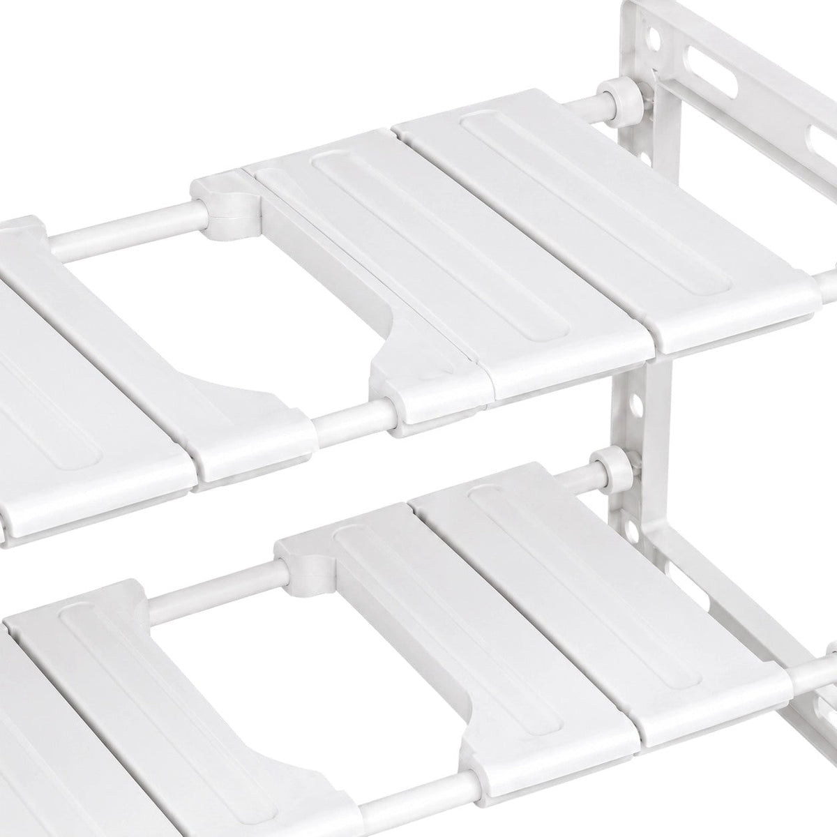 White Anyorel adjustable 2-tier under-sink organiser rack with removable shelves for kitchen or bathroom storage.