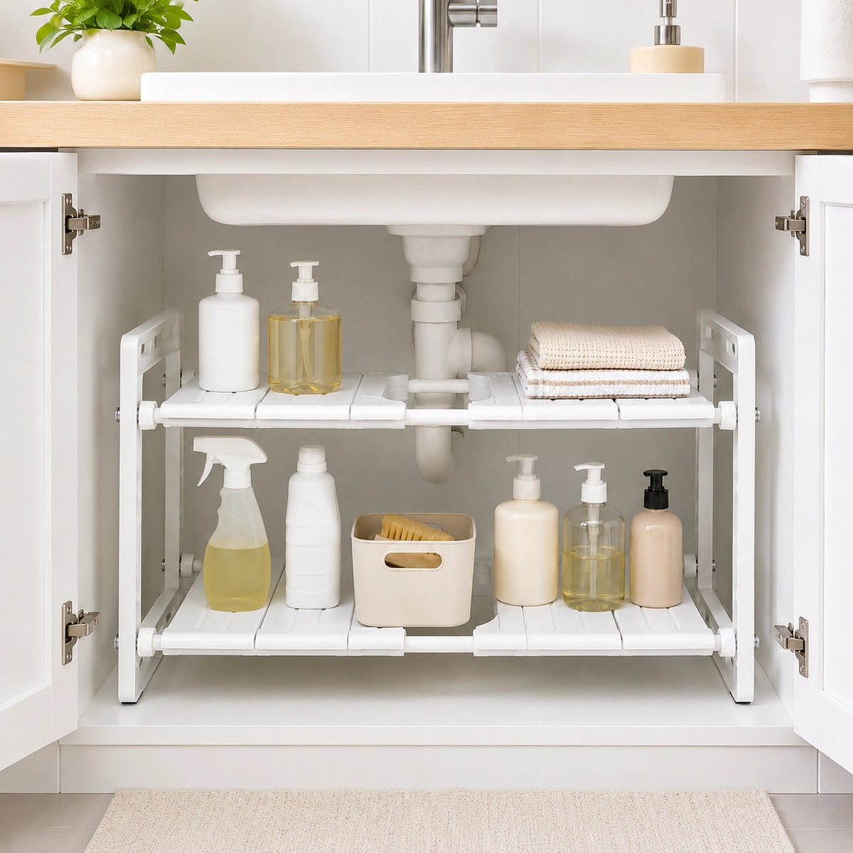 White Anyorel adjustable 2-tier under-sink organiser rack showing two shelves for efficient kitchen storage.