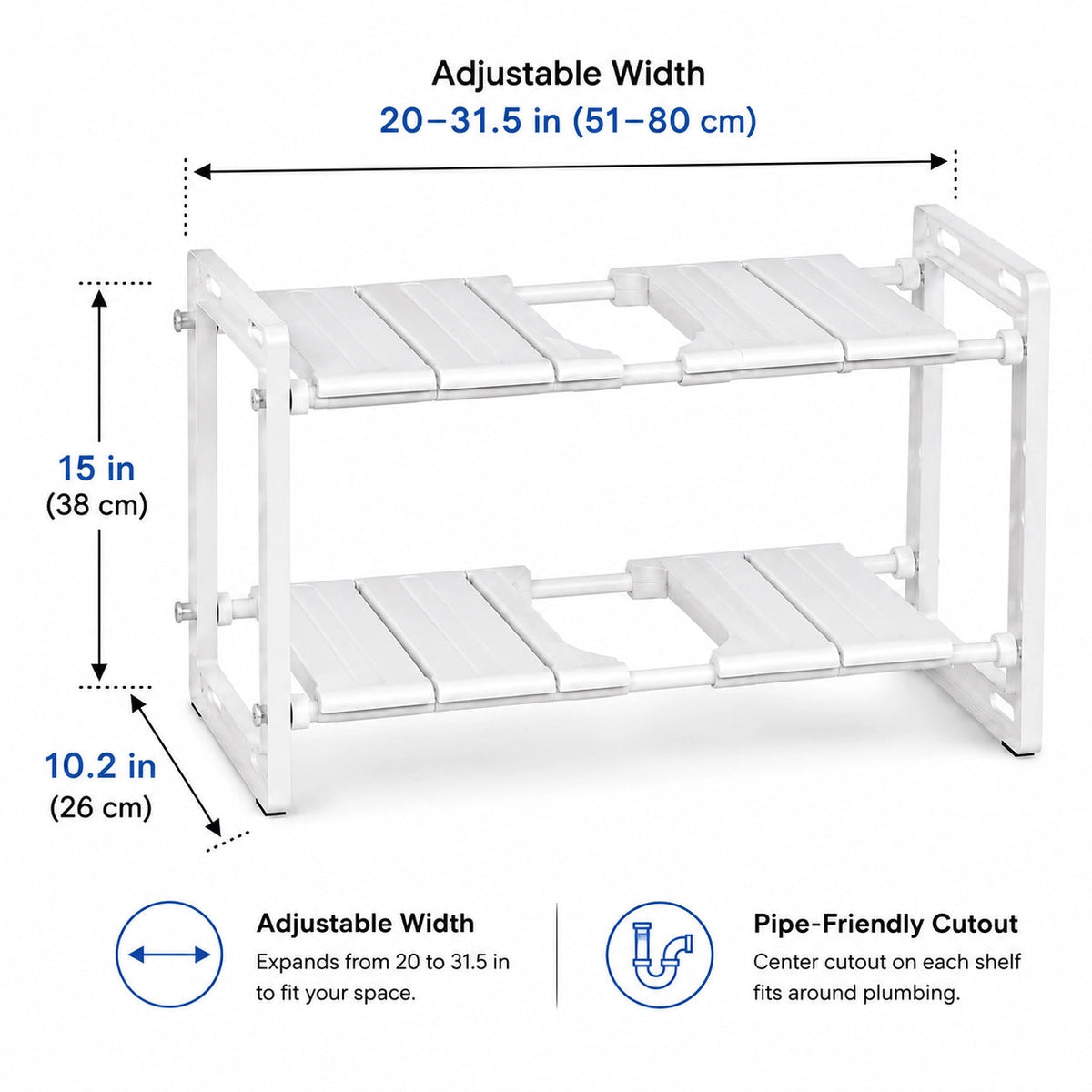 White Anyorel adjustable 2-tier under-sink organiser rack with removable shelves and storage compartments for kitchen organisation.