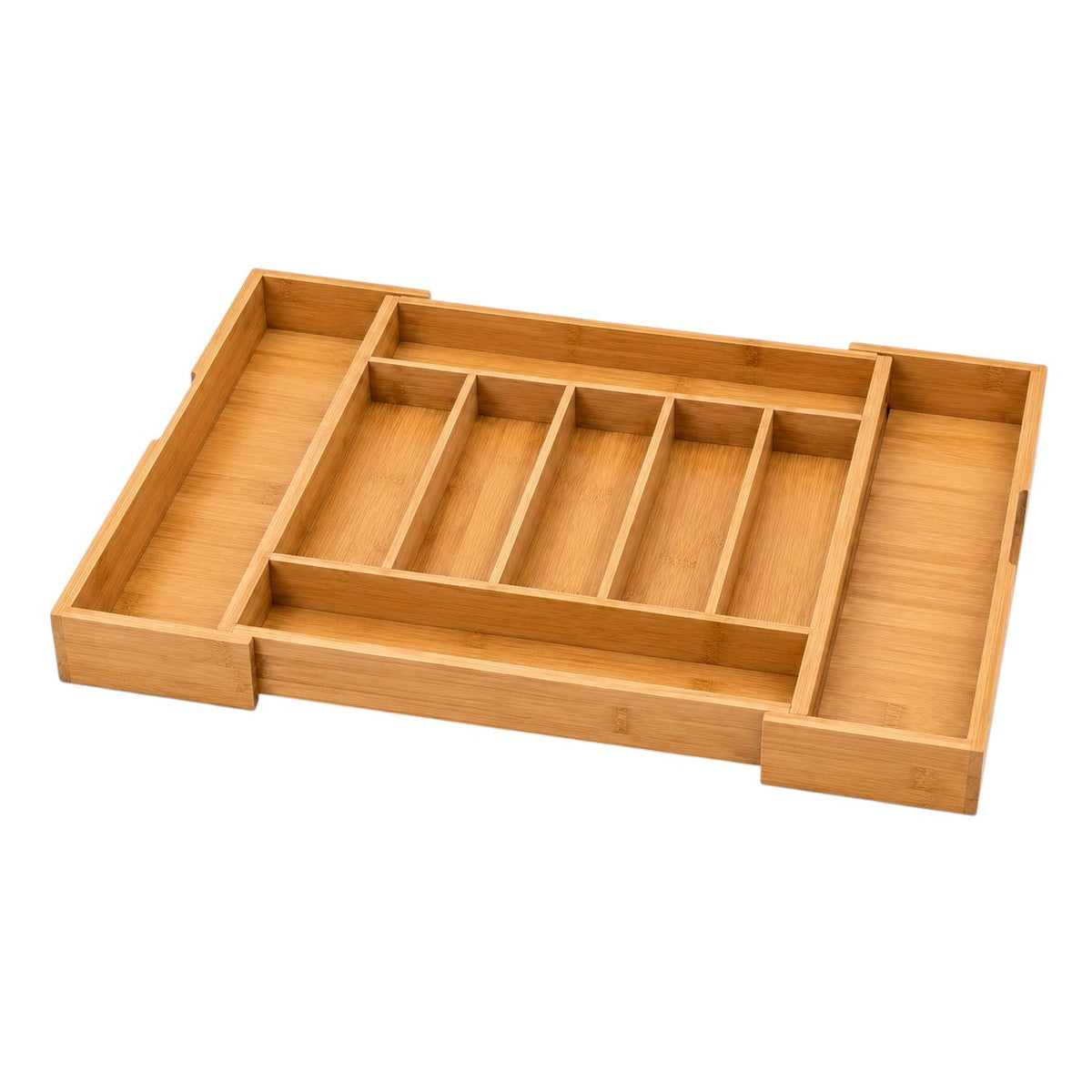 Anyorel expandable bamboo cutlery drawer organizer with multiple compartments for utensils and silverware storage.