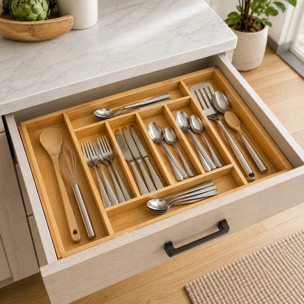 Anyorel expandable bamboo cutlery drawer organiser with multiple compartments, natural finish, perfect for kitchen drawer storage.
