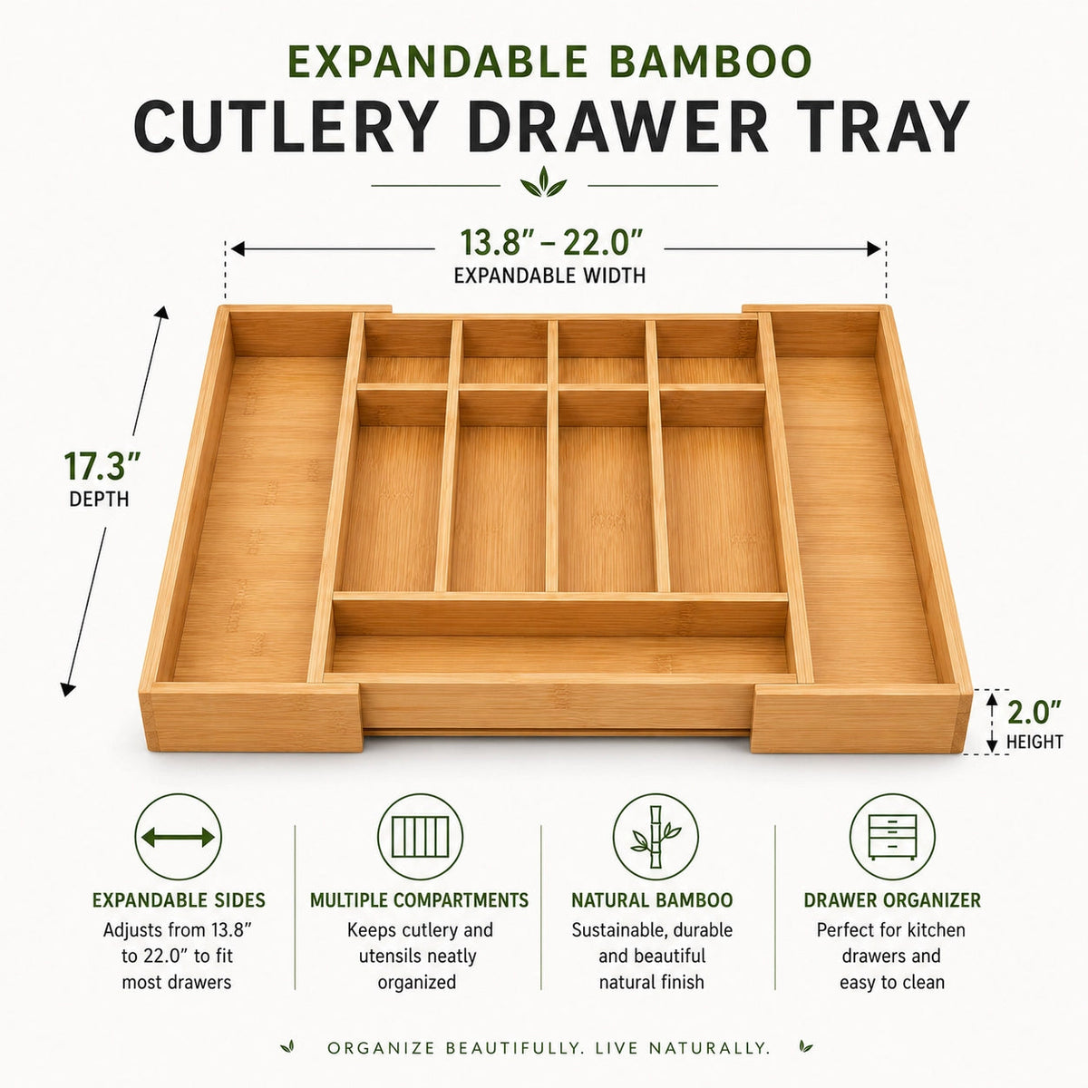 Natural bamboo cutlery drawer organiser by Anyorel with expandable compartments for utensils and utensils storage.