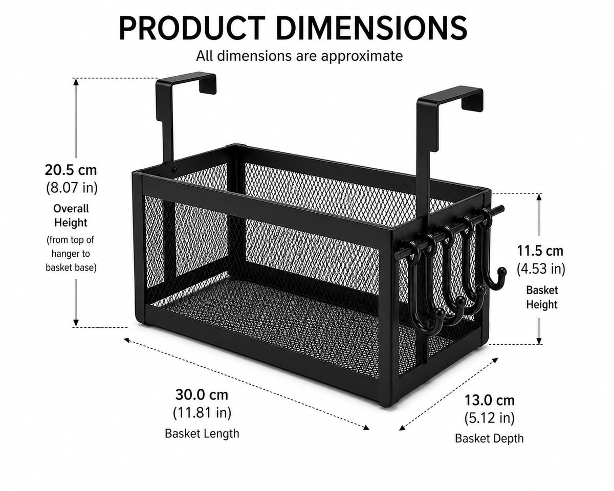 Anyorel black over-cabinet metal mesh basket with 4 hooks for kitchen organization, hanging on cabinet door.