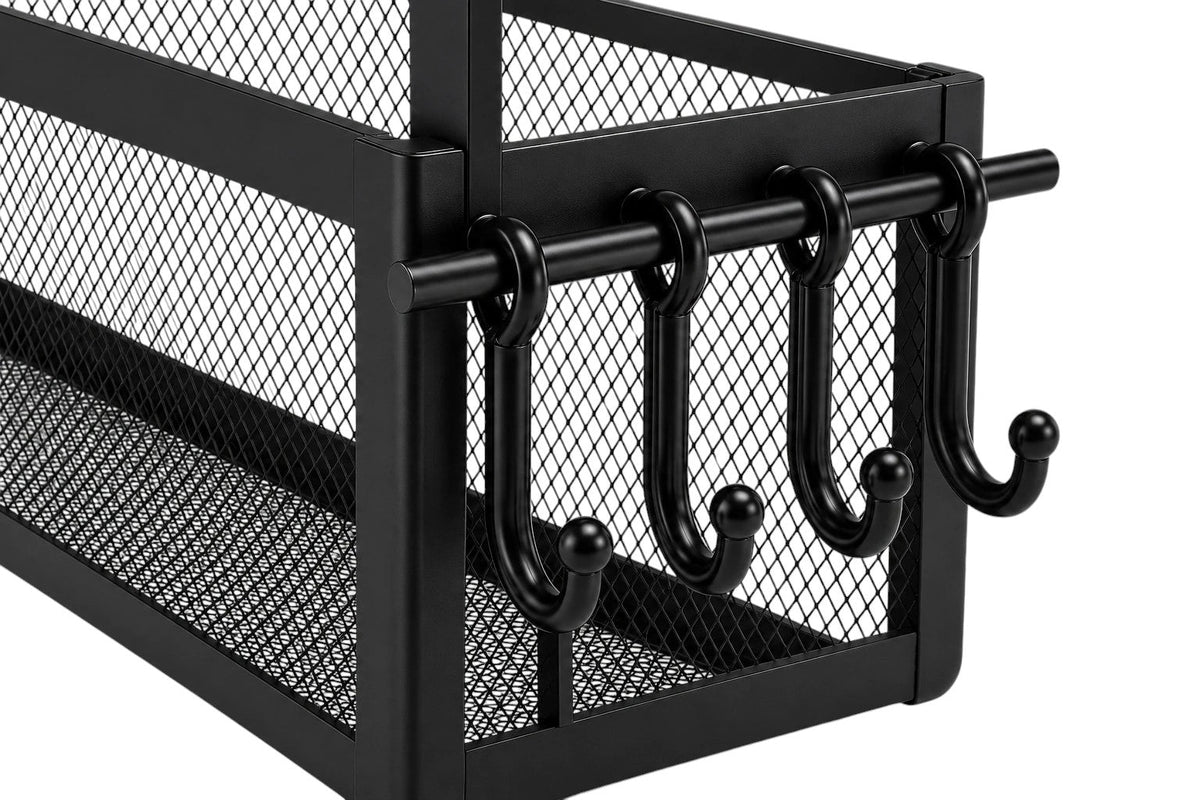 Anyorel black over-cabinet metal mesh basket with four hooks for kitchen organization, hanging on cabinet door.