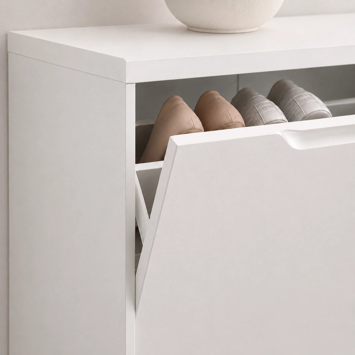 Anyorel Slim 2-Door Tilt-Out Shoe Cabinet in matte white with two doors, designed for organized shoe storage.
