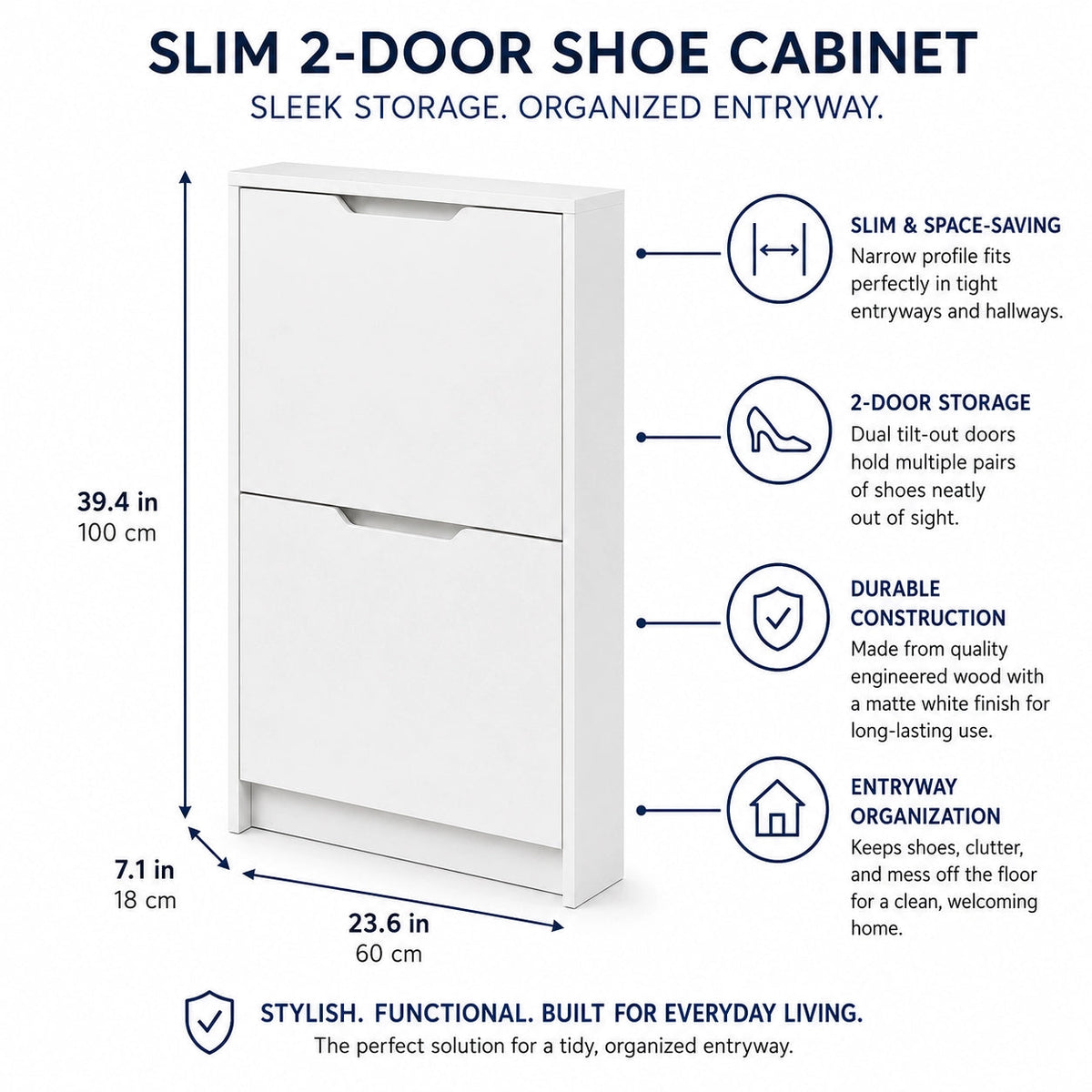 Anyorel Slim 2-Door Tilt-Out Shoe Cabinet in matte white with two doors and interior compartments for organized shoe storage.
